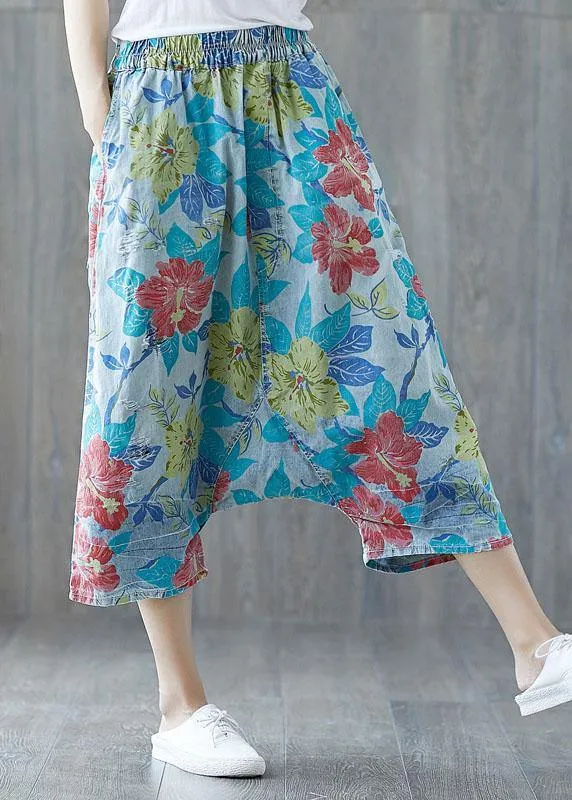 Beautiful Green Pockets Hole Print Fall Floral Pants Cotton