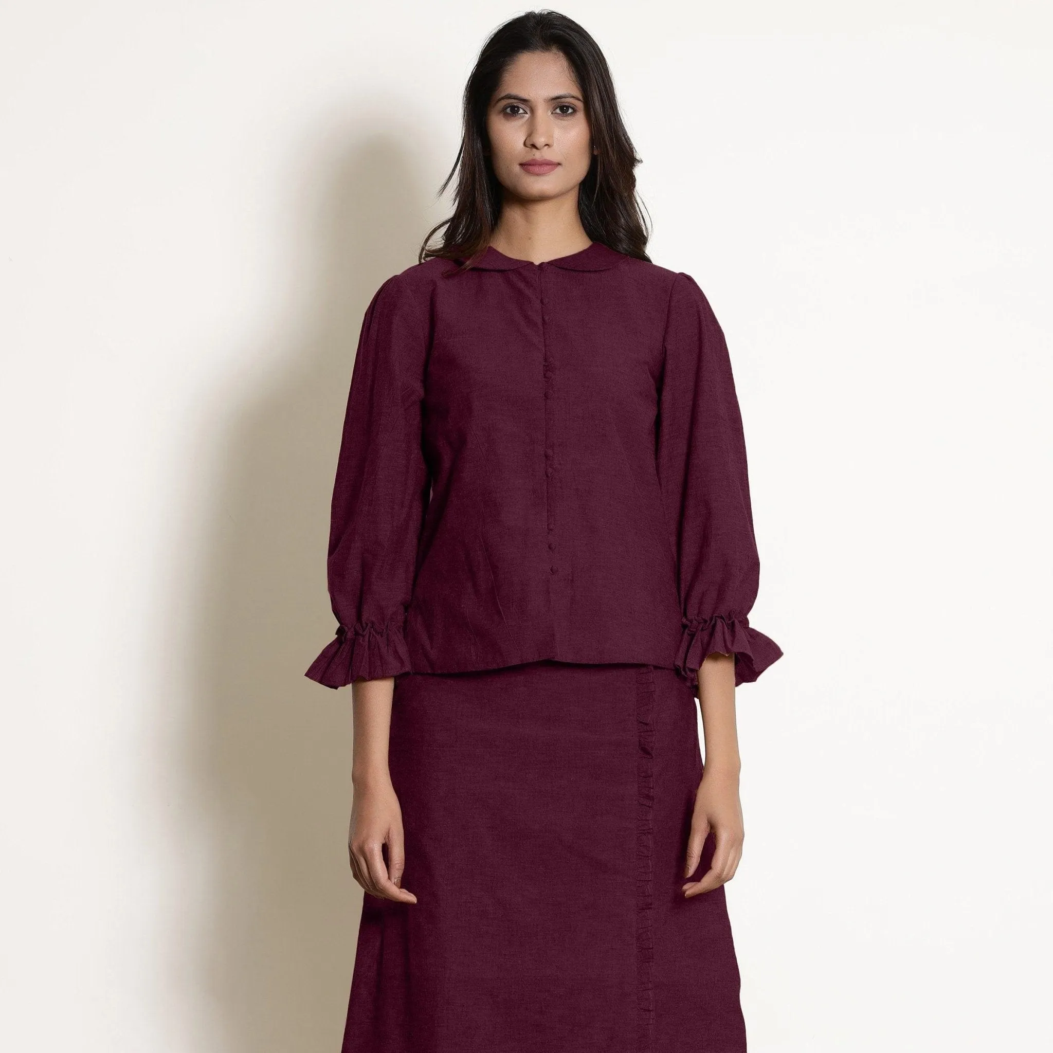 Berry Wine Warm Cotton Frilled Sleeve Top