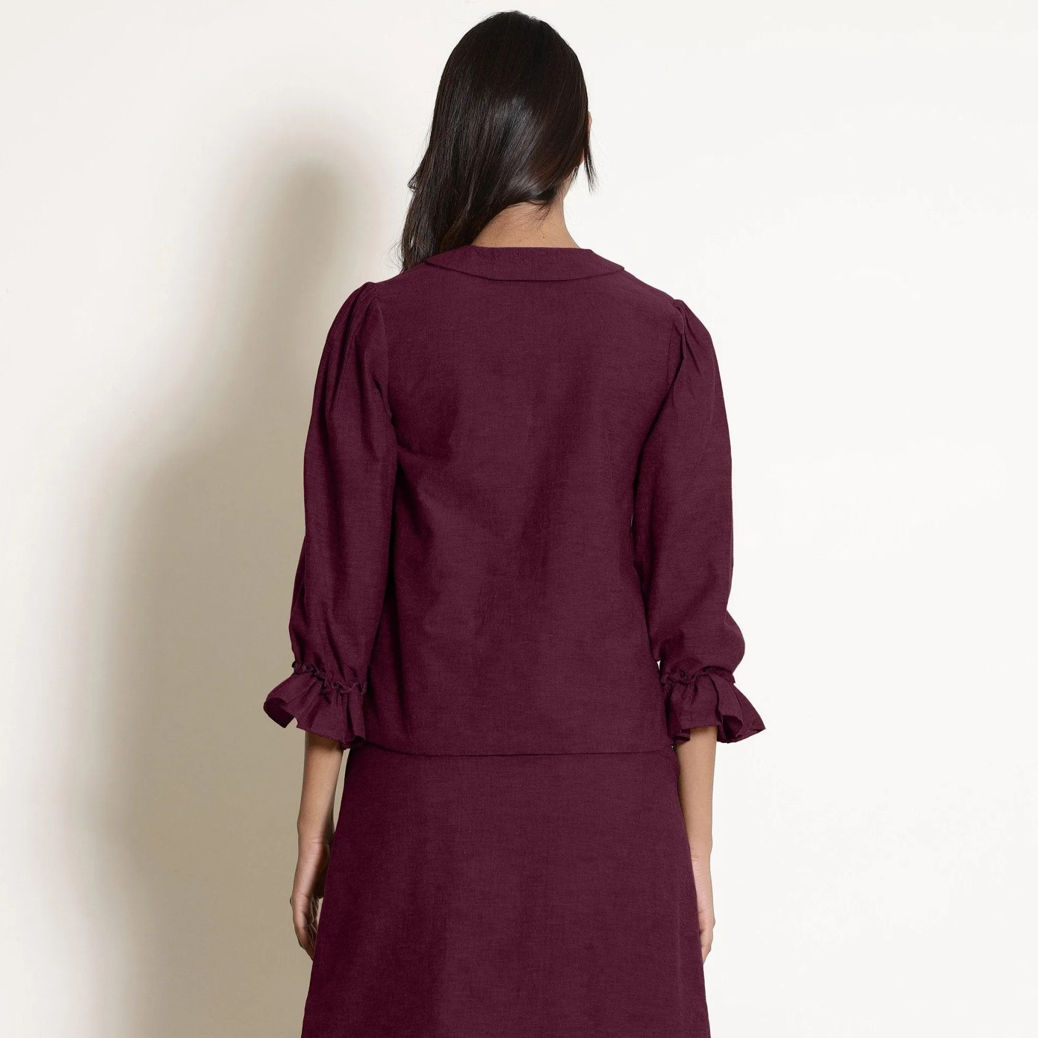Berry Wine Warm Cotton Frilled Sleeve Top
