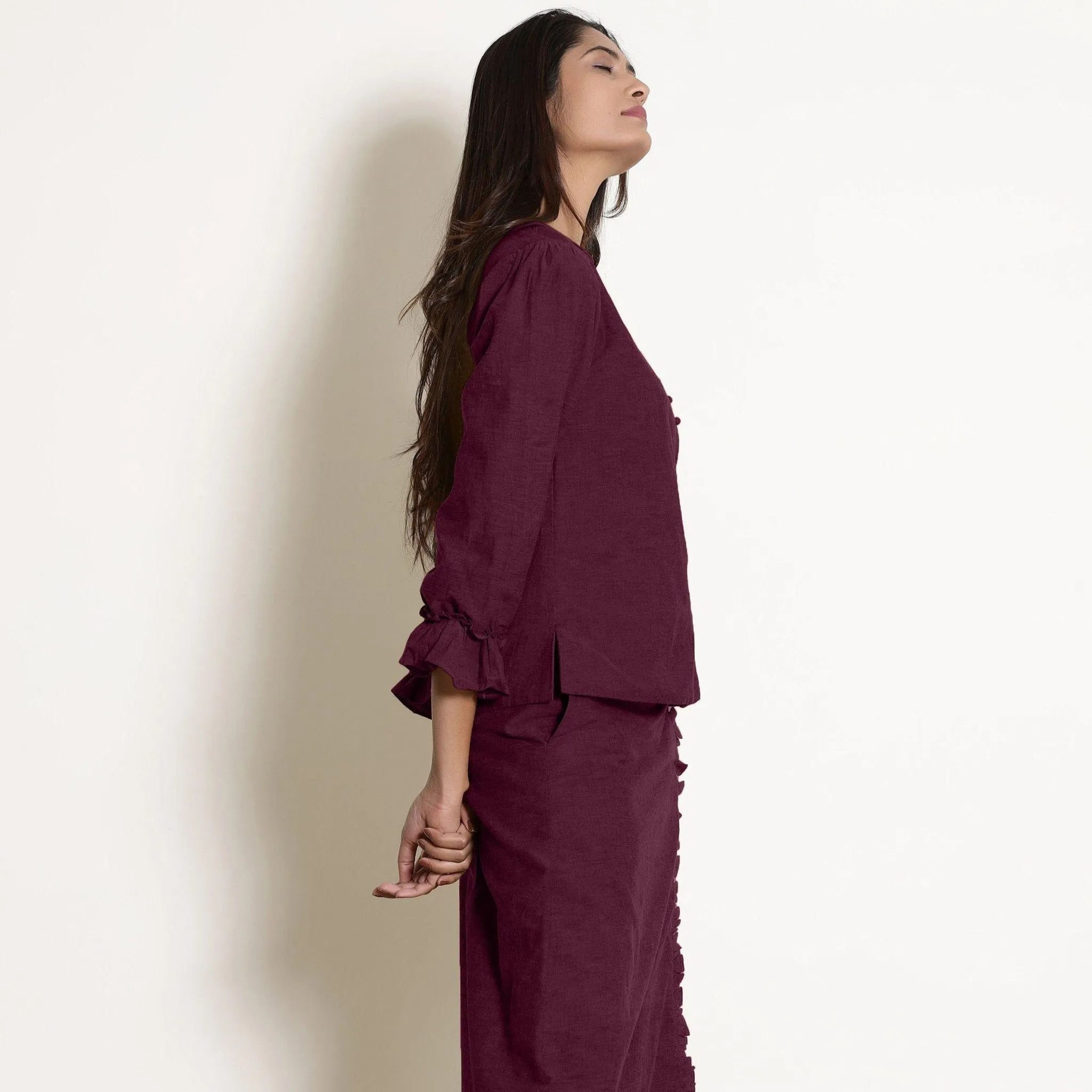 Berry Wine Warm Cotton Frilled Sleeve Top