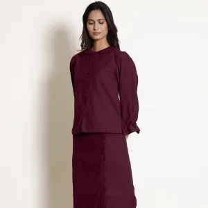 Berry Wine Warm Cotton Frilled Sleeve Top