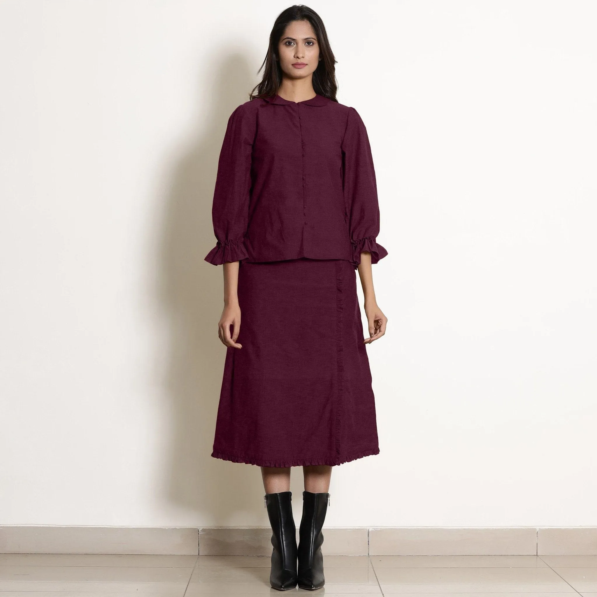 Berry Wine Warm Cotton Frilled Sleeve Top