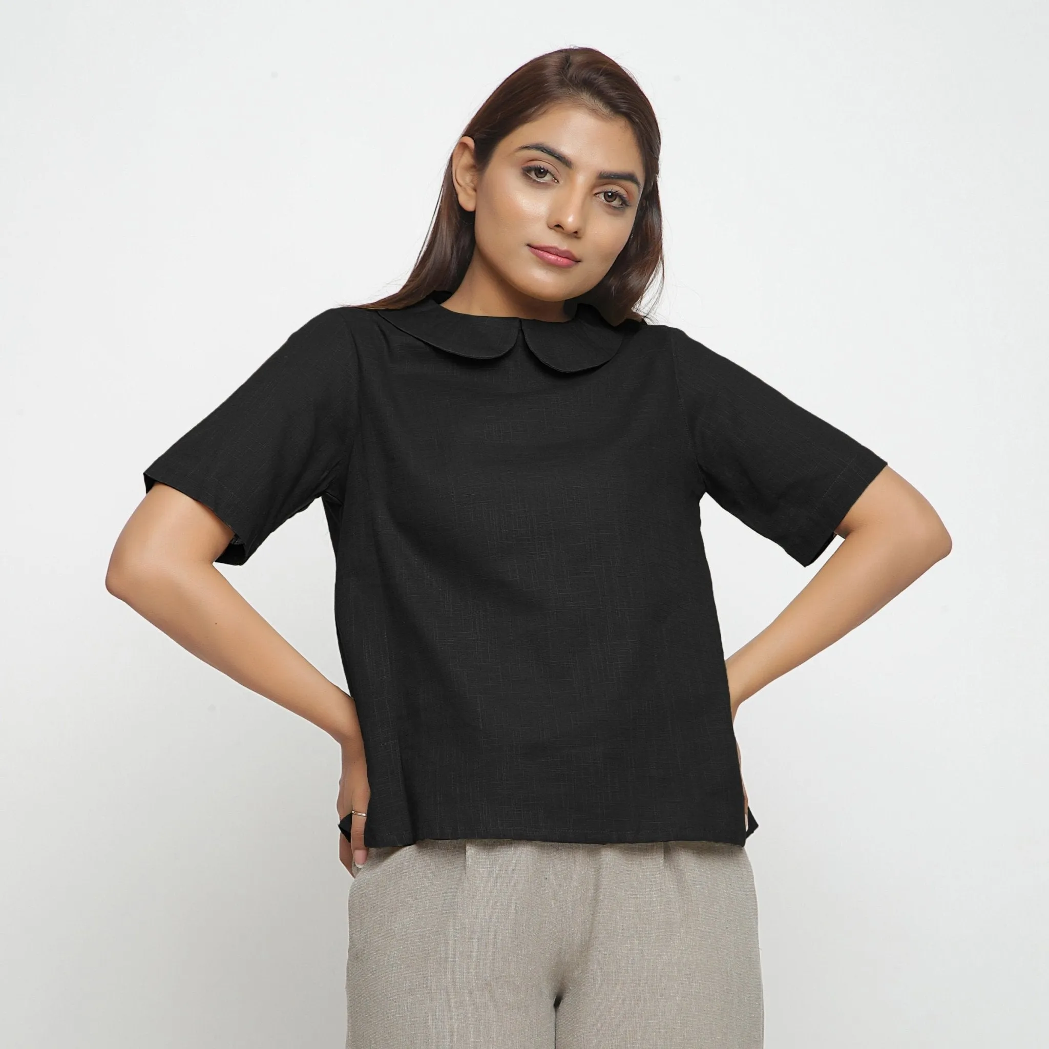 Black Cotton Peter Pan Collar A-Line Top