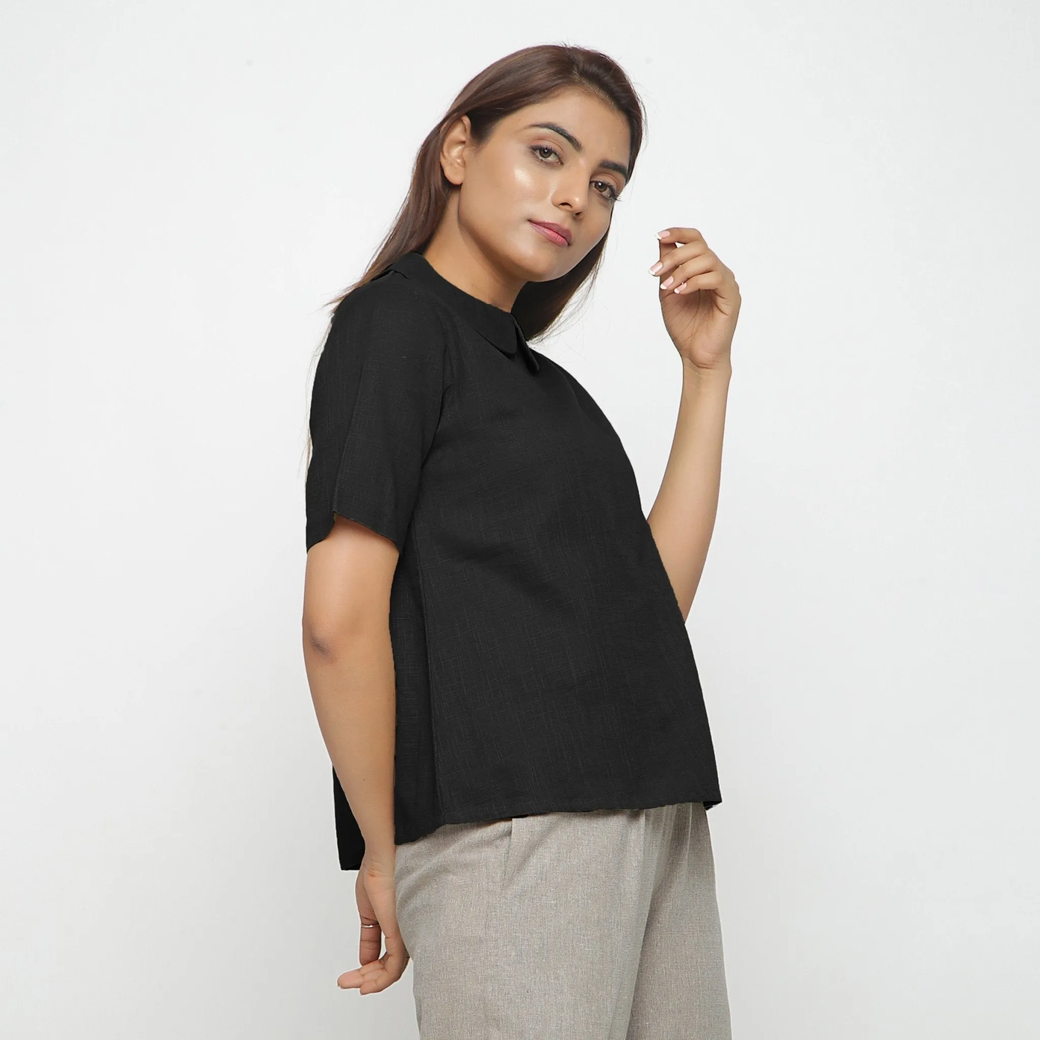 Black Cotton Peter Pan Collar A-Line Top