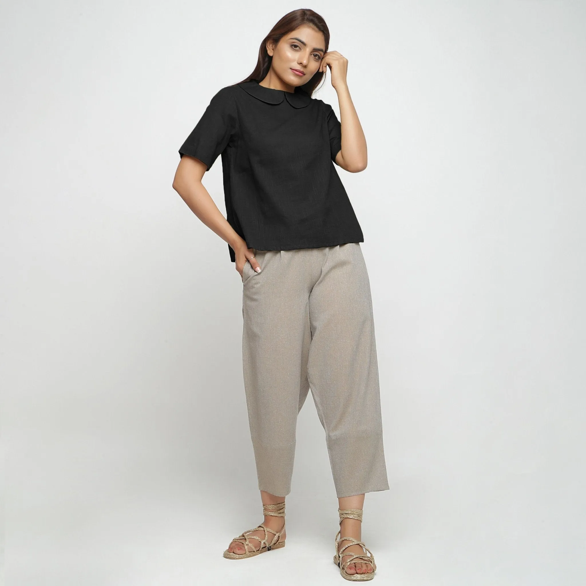 Black Cotton Peter Pan Collar A-Line Top