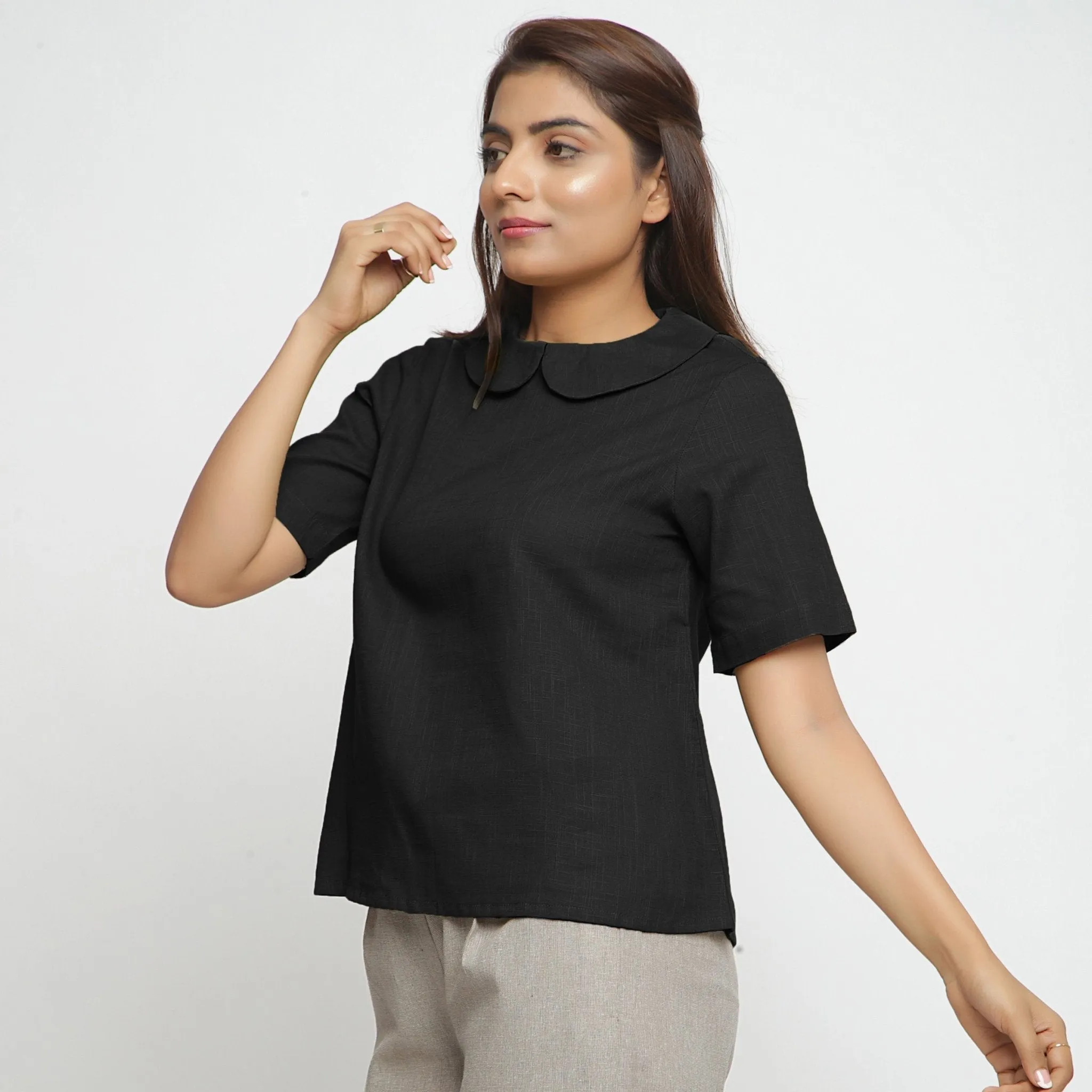 Black Cotton Peter Pan Collar A-Line Top