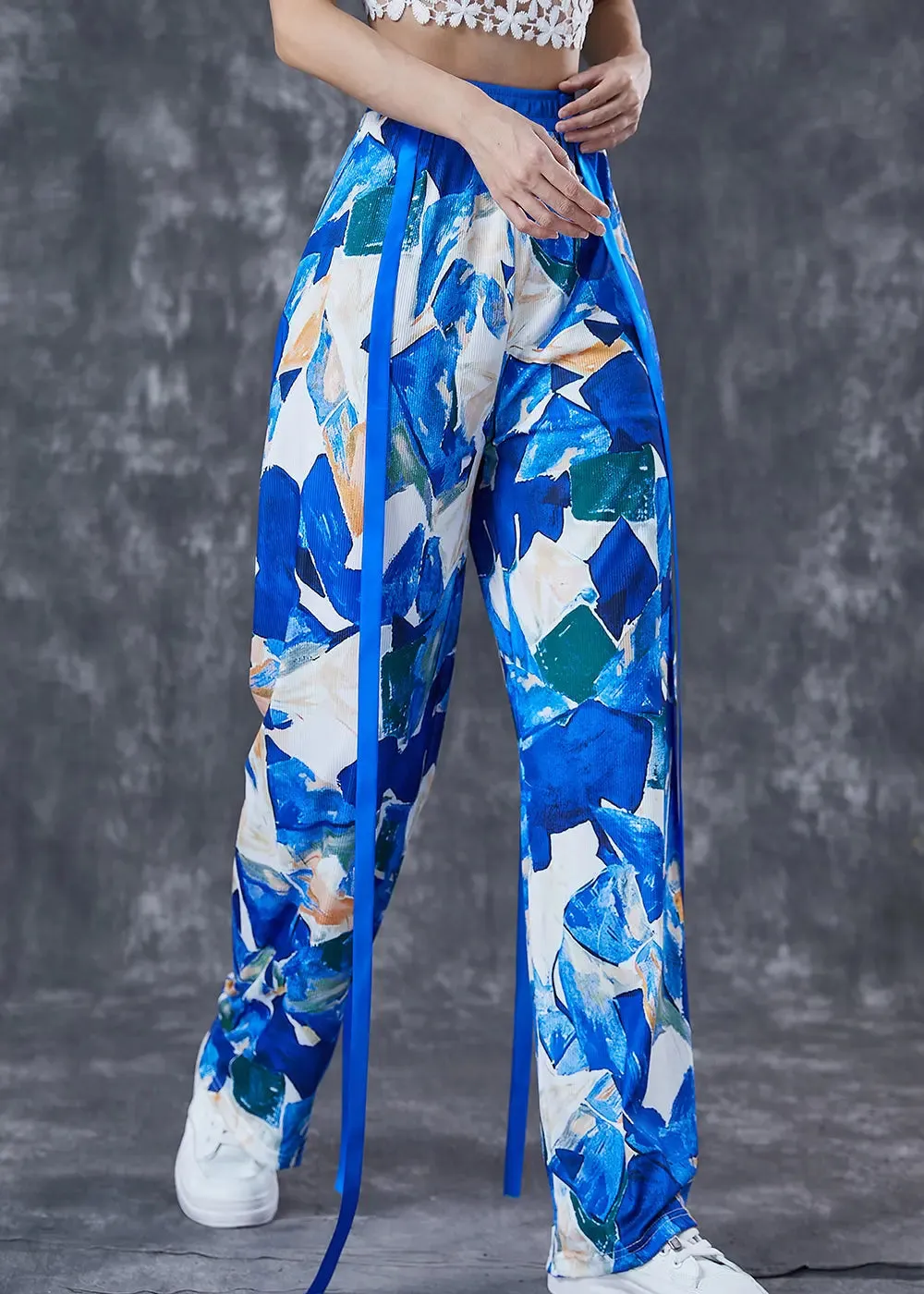 Blue Print Cotton Straight Pants