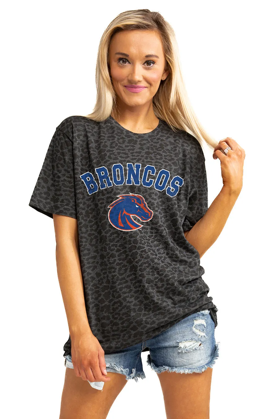 BOISE STATE BRONCOS "ALL THE CHEER" LEOPARD STANDARD FIT CREW NECK TEE