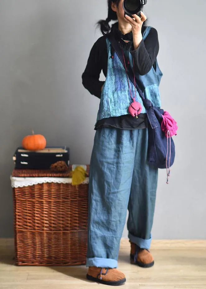 Casual Blue Wide Leg Pants Linen