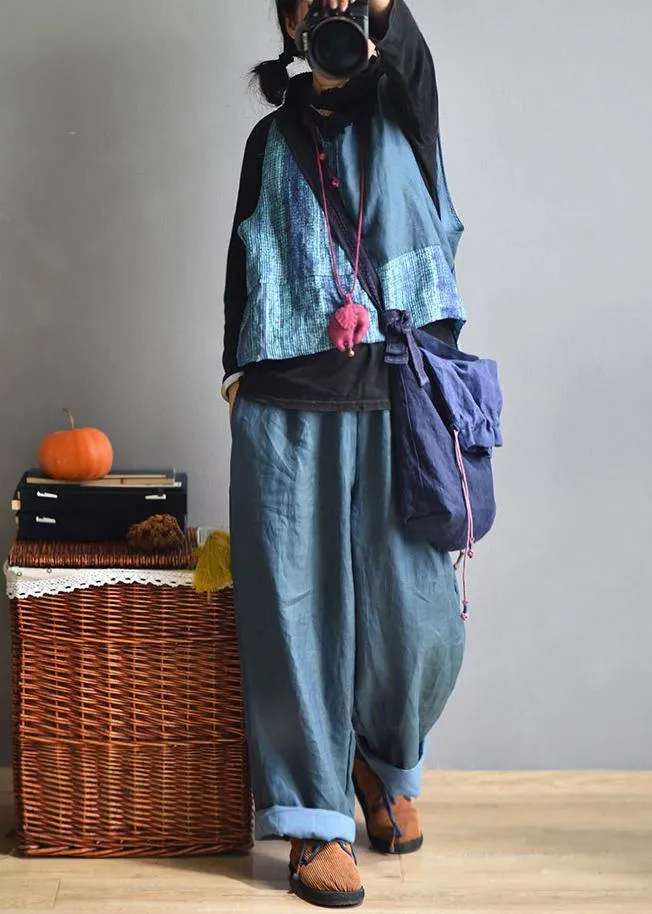 Casual Blue Wide Leg Pants Linen