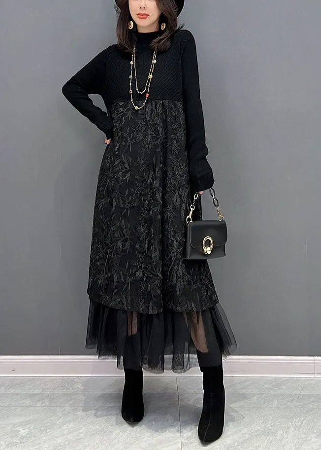 Chic Black Embroideried Tulle Patchwork Knit Dresses Winter
