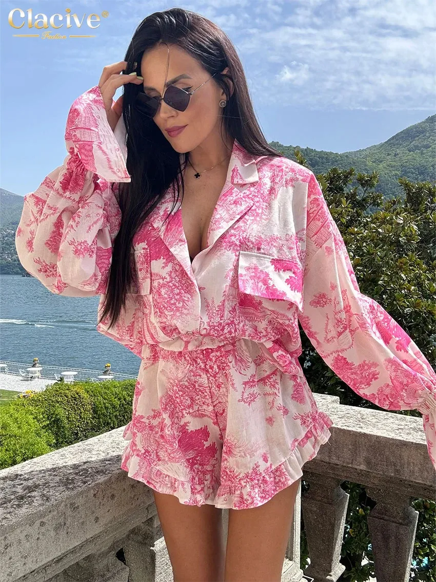 Clacive Fashion Loose Print Shorts Set for Women - 2 Piece Elegant Long Sleeve Blouse with High Waist Ruffle Shorts Streetwear