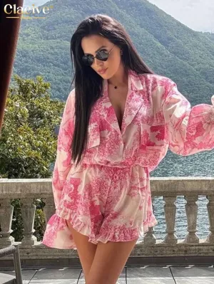 Clacive Fashion Loose Print Shorts Set for Women - 2 Piece Elegant Long Sleeve Blouse with High Waist Ruffle Shorts Streetwear