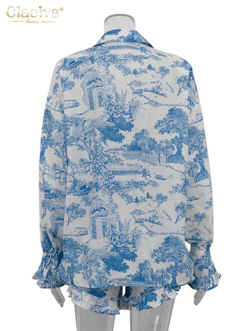 Clacive Fashion Loose Print Shorts Set for Women - 2 Piece Elegant Long Sleeve Blouse with High Waist Ruffle Shorts Streetwear