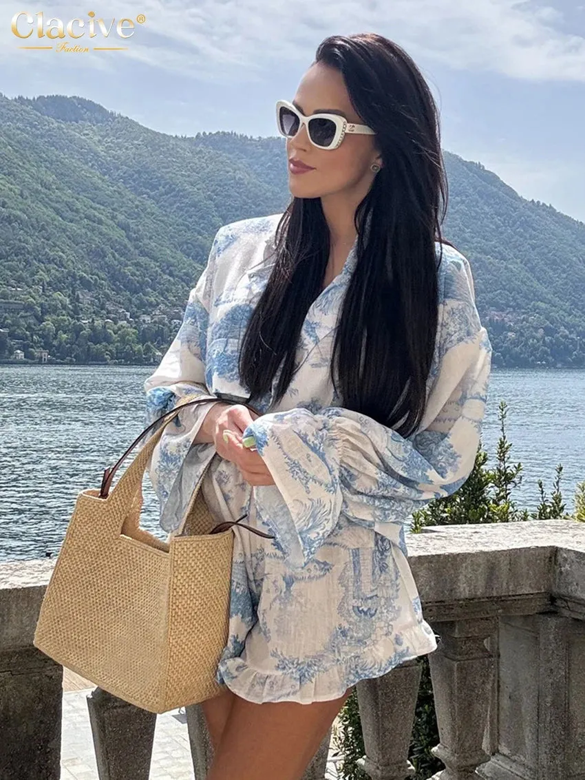 Clacive Fashion Loose Print Shorts Set for Women - 2 Piece Elegant Long Sleeve Blouse with High Waist Ruffle Shorts Streetwear