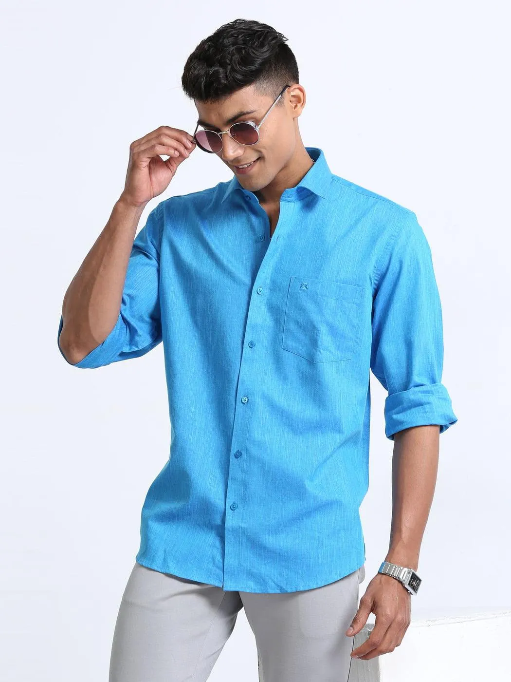 Cotton Linen Deep Sky Blue Colour Shirt Full Sleeve