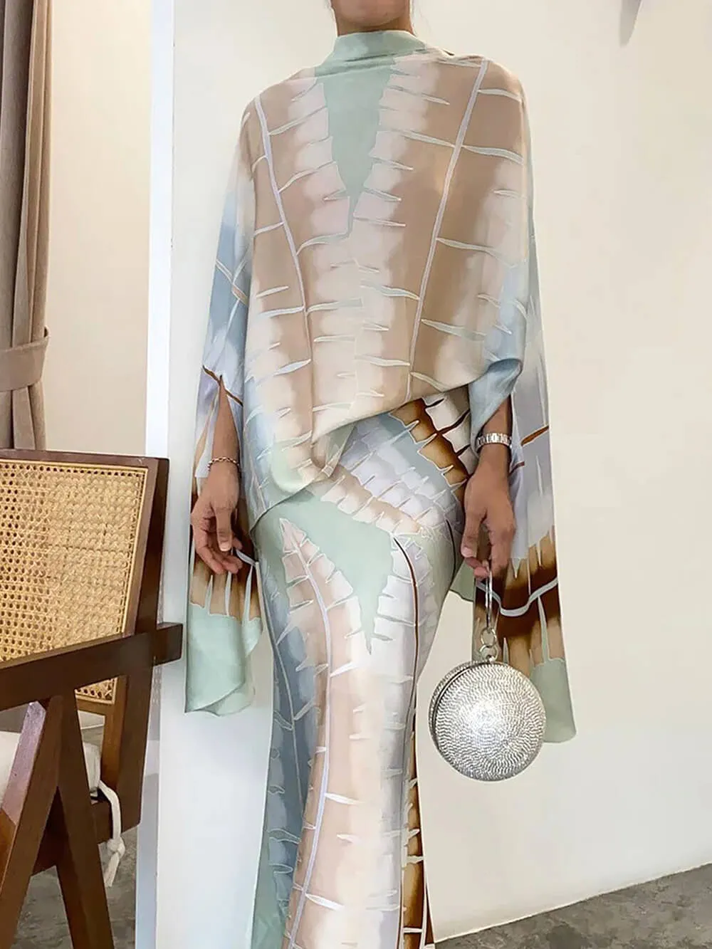 Elegant botanical print turtleneck suit