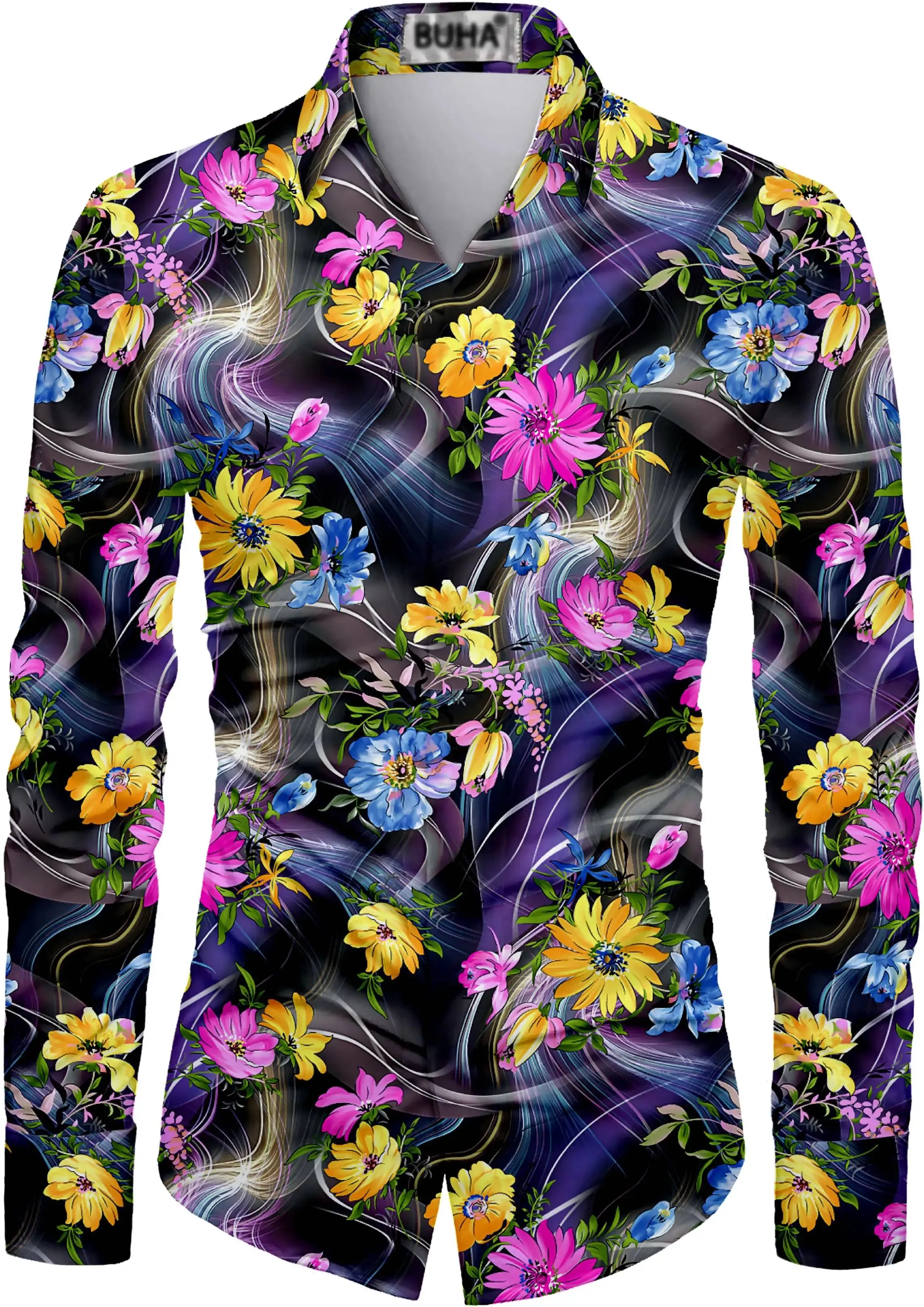 EM Geometric Flower Print Men's Long Sleeve Shirt