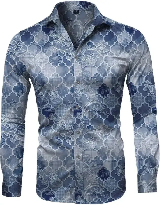EM Geometric Flower Print Men's Long Sleeve Shirt