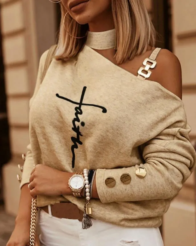 Fashion Woman Blouses Autumn-inspired Woman Blouses | Marble Print, Metal Decor | Casual & Comfortable Casual Cold Shoulder Diagonal Collar Long Sleeve Daily Tee Top