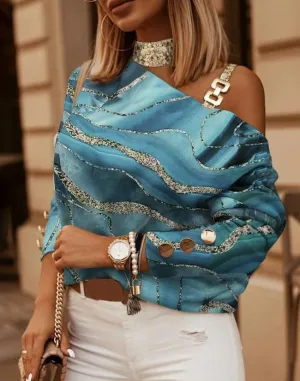 Fashion Woman Blouses Autumn-inspired Woman Blouses | Marble Print, Metal Decor | Casual & Comfortable Casual Cold Shoulder Diagonal Collar Long Sleeve Daily Tee Top