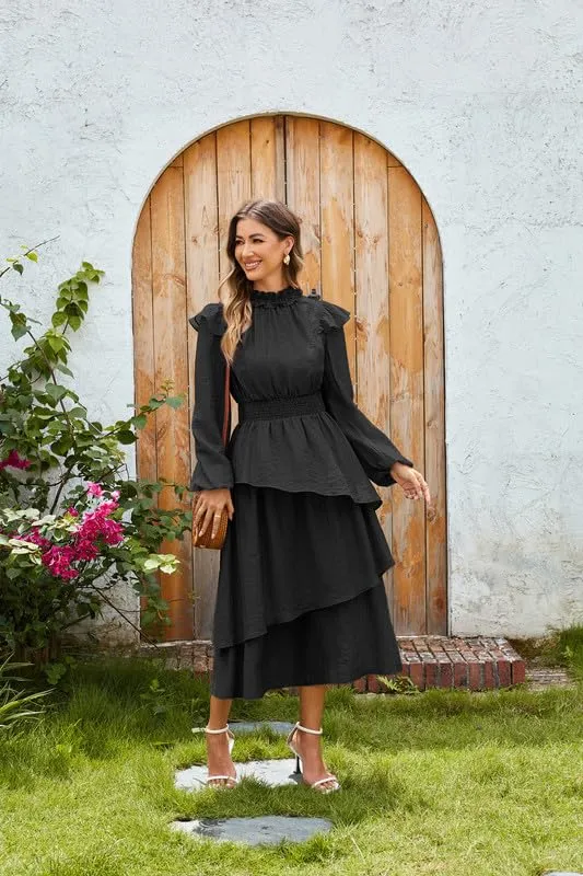 GRACE KARIN Women's Ruffle Mock Neck Midi Dress