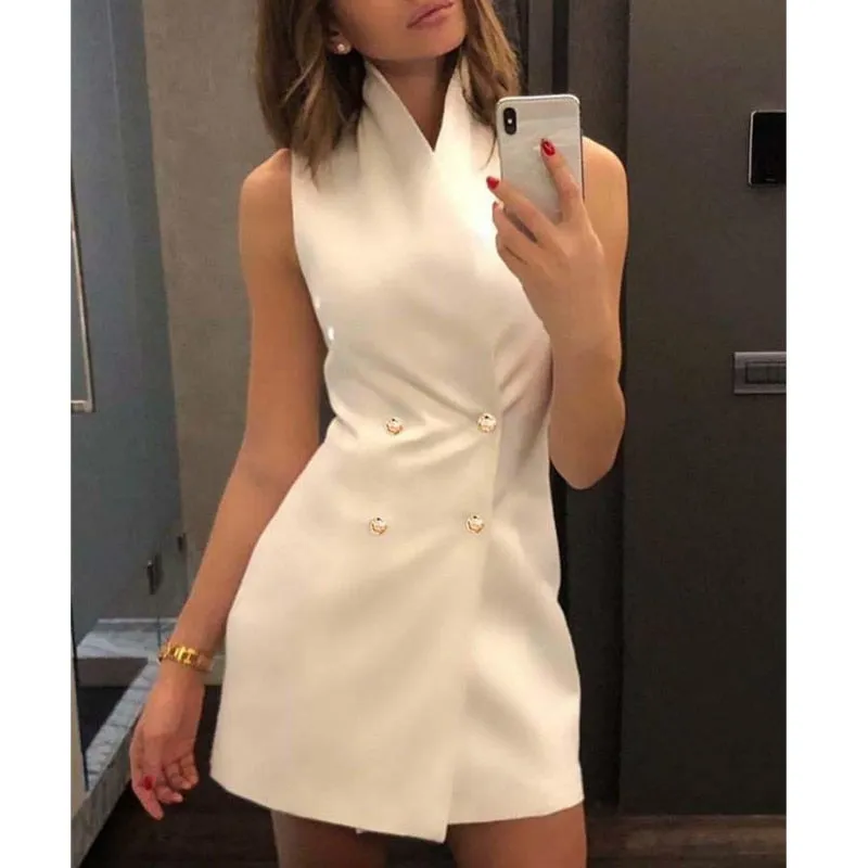hirigin Women Sleeveless OL Bodycon Mini Dress Sexy V-neck Buttoned New arrival Summer Party Dress