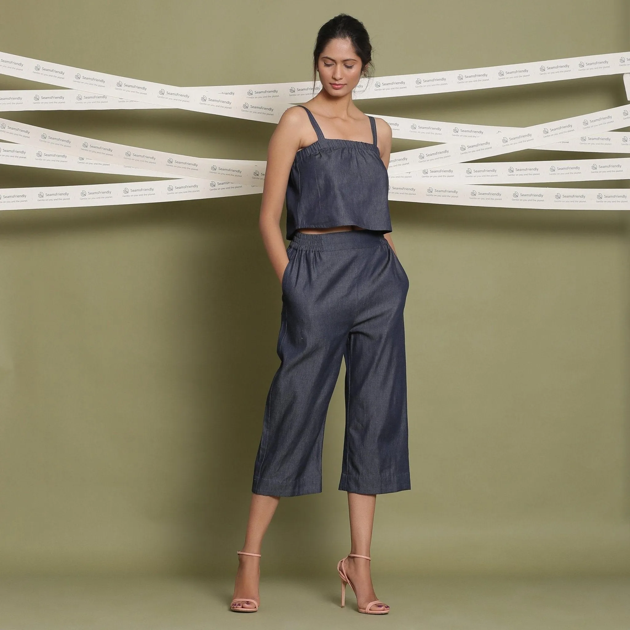 Indigo Cotton Denim Strappy Elasticated Cami Top