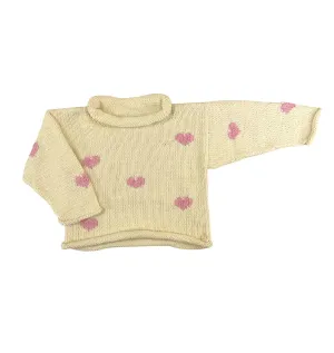 Ivory and Pink All Over Hearts Roll Neck Sweater