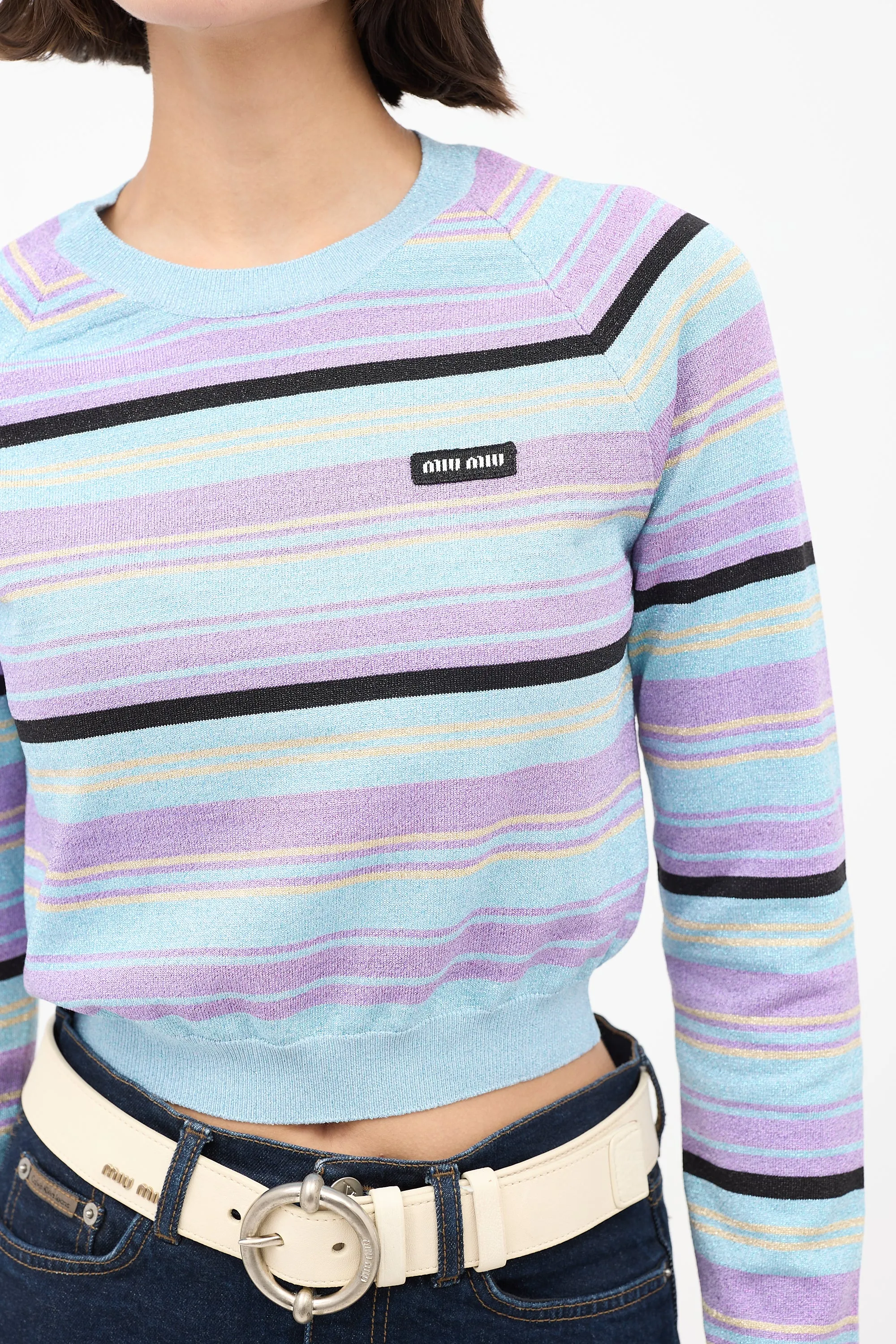 Light Blue & Multicolour Sparkly Striped Cropped Sweater