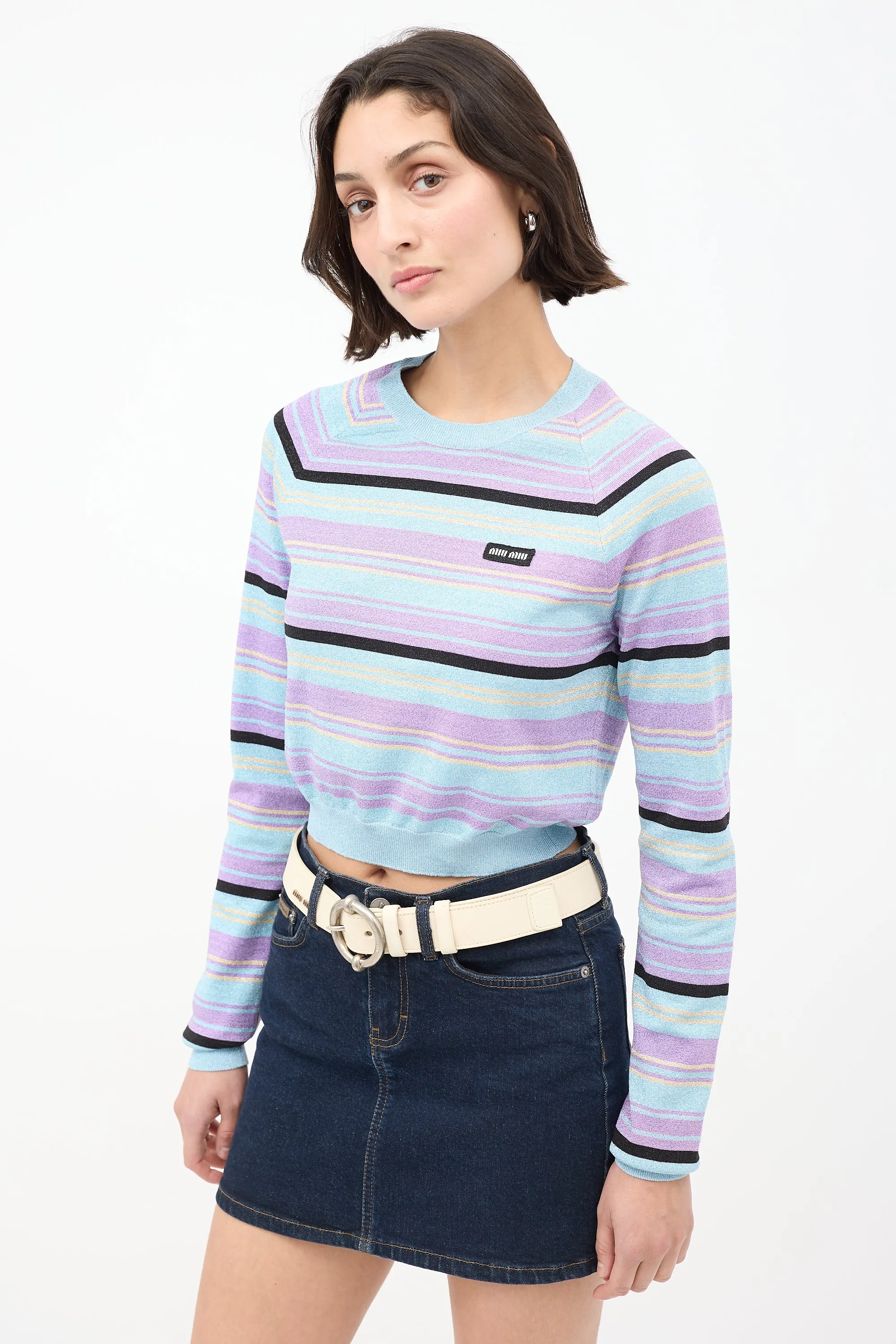 Light Blue & Multicolour Sparkly Striped Cropped Sweater