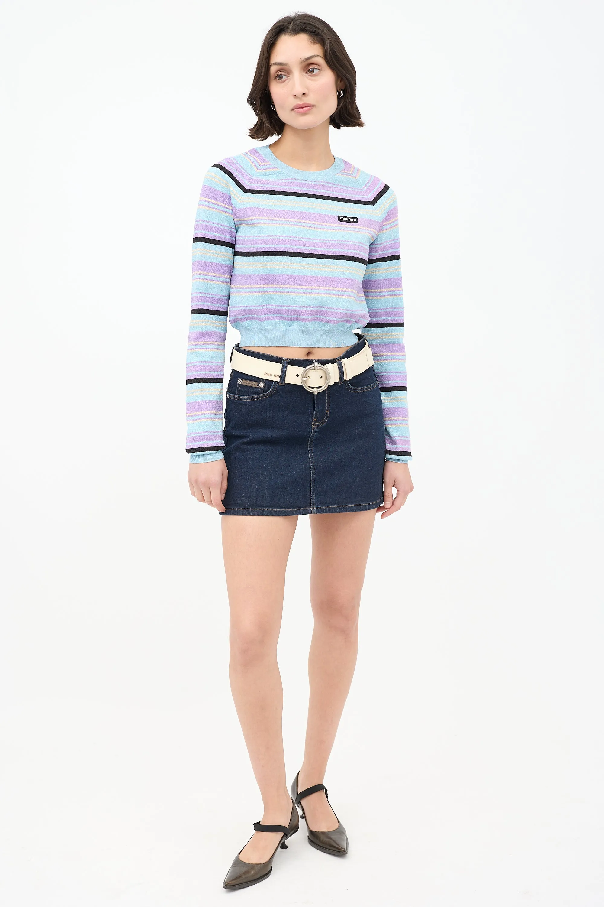 Light Blue & Multicolour Sparkly Striped Cropped Sweater