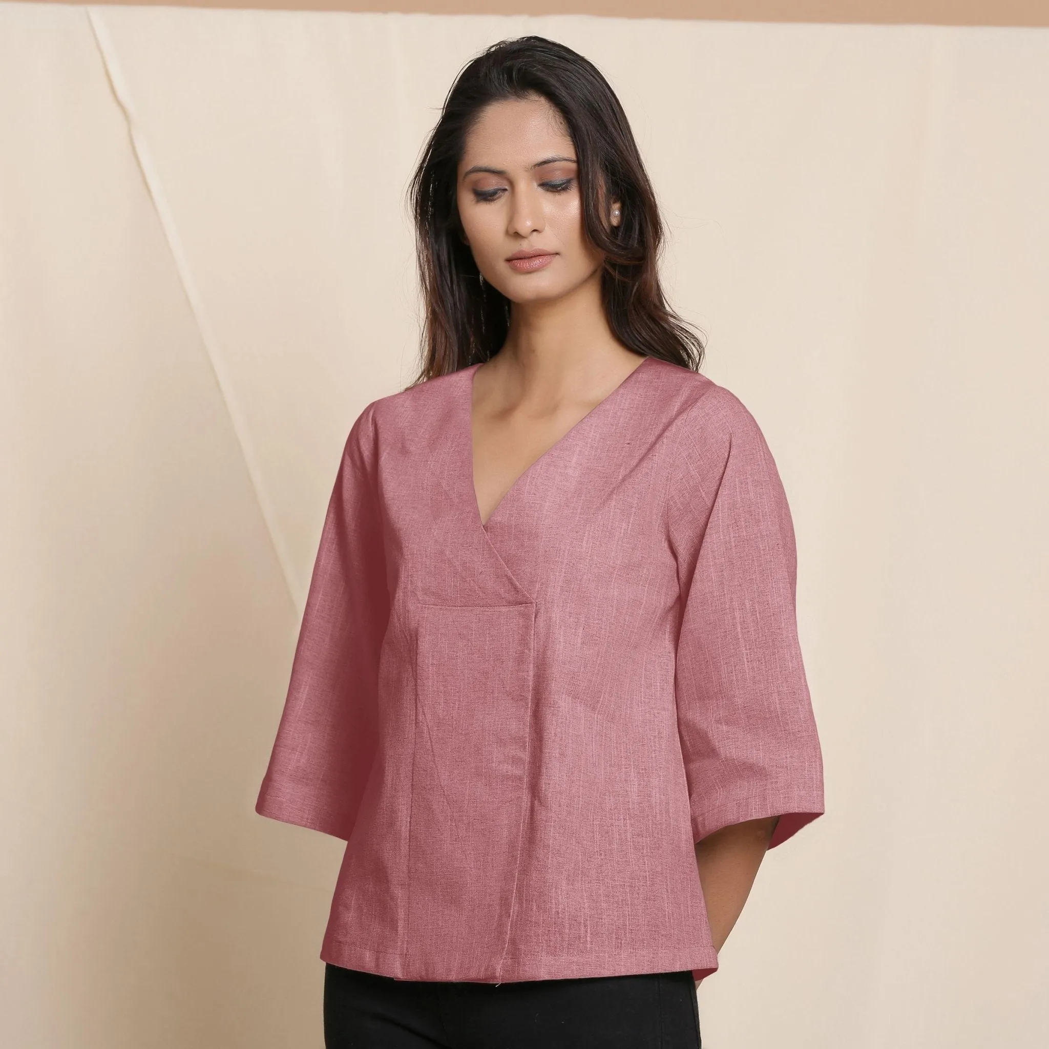Maroon Yarn Dyed 100% Cotton V-Neck Loose Fit Top