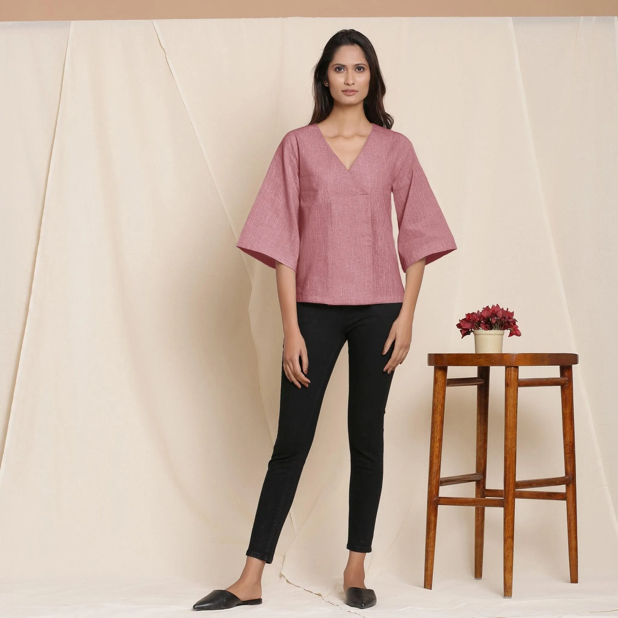 Maroon Yarn Dyed 100% Cotton V-Neck Loose Fit Top