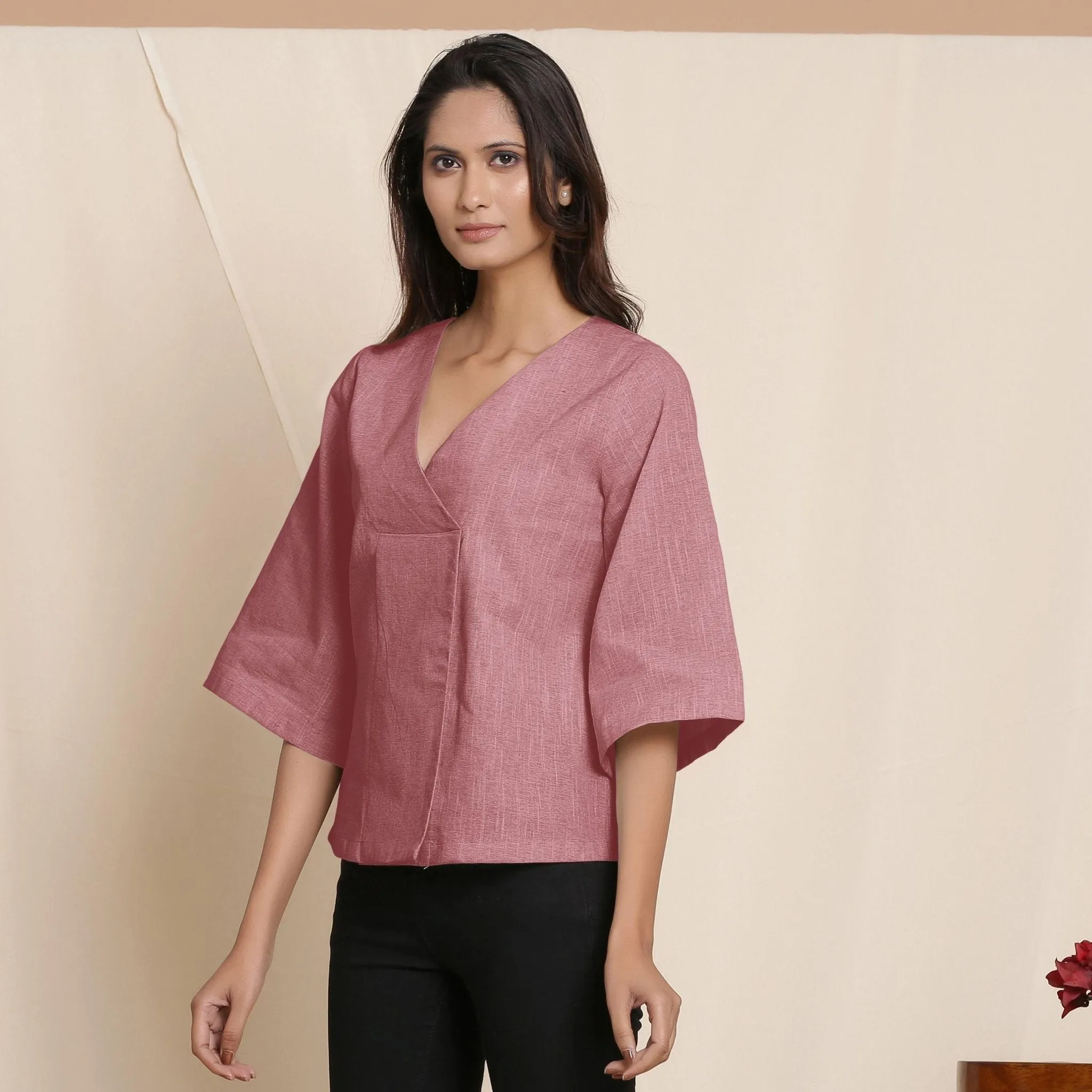 Maroon Yarn Dyed 100% Cotton V-Neck Loose Fit Top