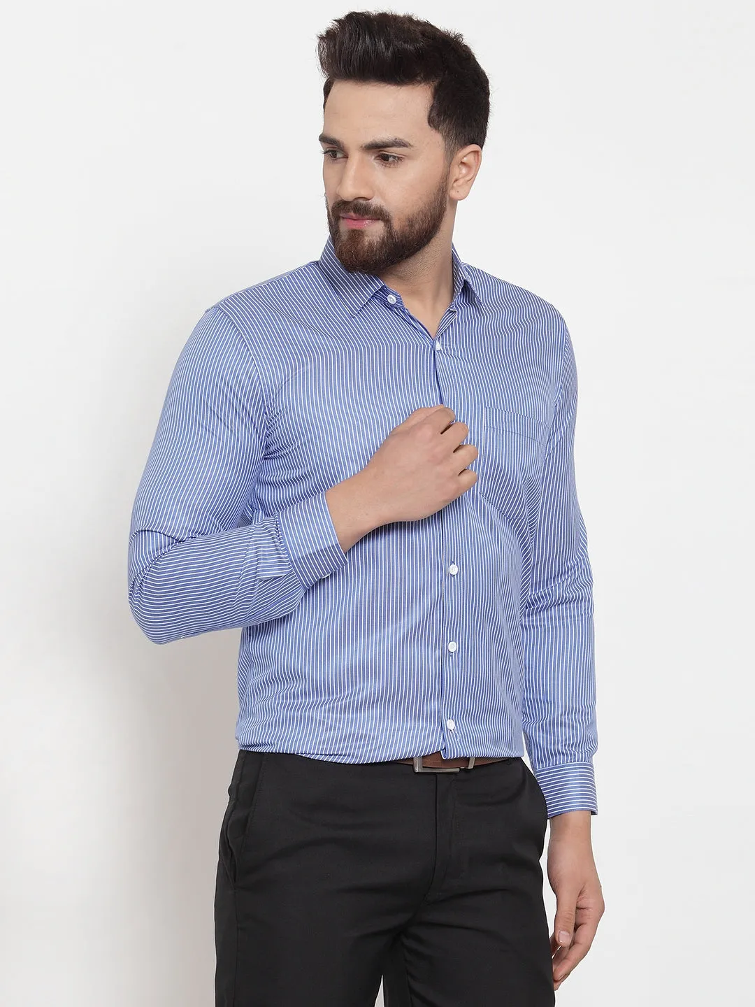 Men's Blue Cotton Stiped Formal Shirts ( SF 737Blue ) - Jainish