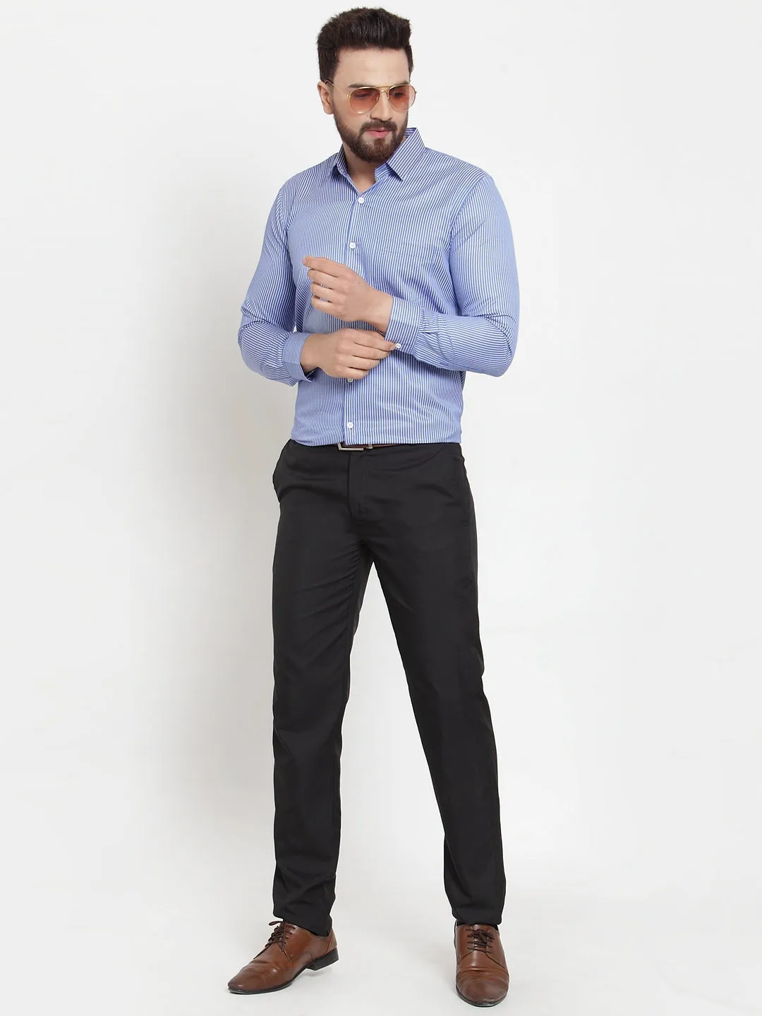 Men's Blue Cotton Stiped Formal Shirts ( SF 737Blue ) - Jainish
