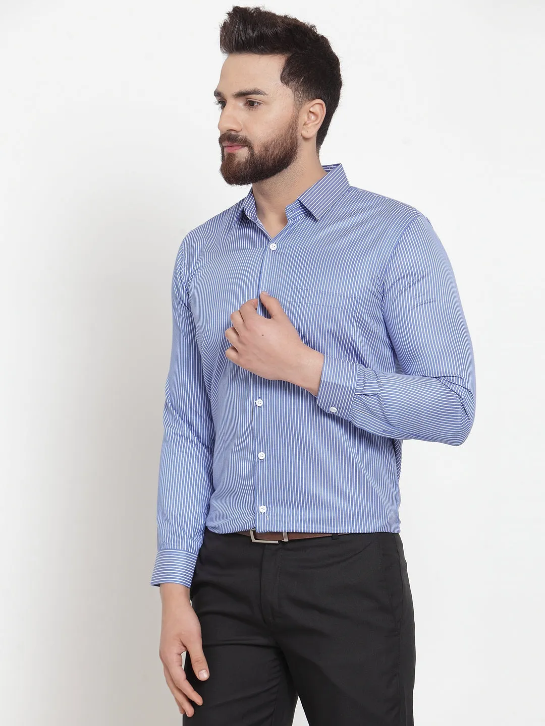Men's Blue Cotton Stiped Formal Shirts ( SF 737Blue ) - Jainish
