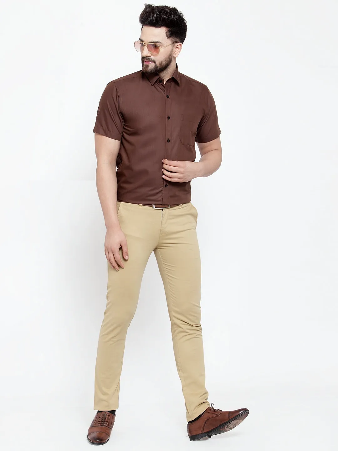 Men's Brown Cotton Half Sleeves Solid Formal Shirts ( SF 754Coffee ) - Jainish
