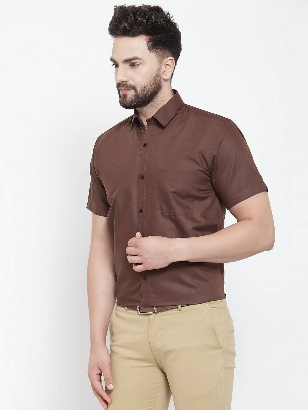 Men's Brown Cotton Half Sleeves Solid Formal Shirts ( SF 754Coffee ) - Jainish