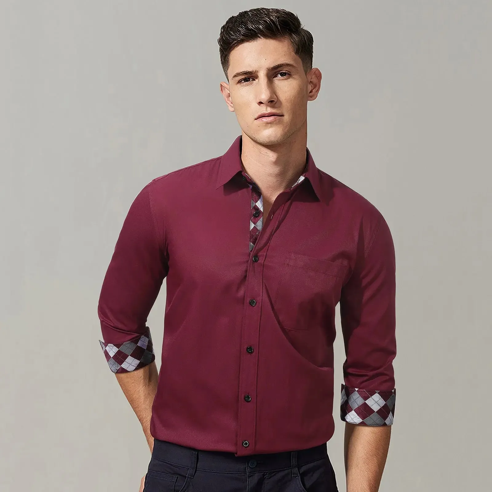 Men's Patchwork Dress Shirt with Pocket - BURGUNDY/WHITE