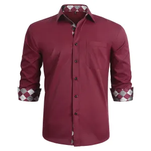 Men's Patchwork Dress Shirt with Pocket - BURGUNDY/WHITE