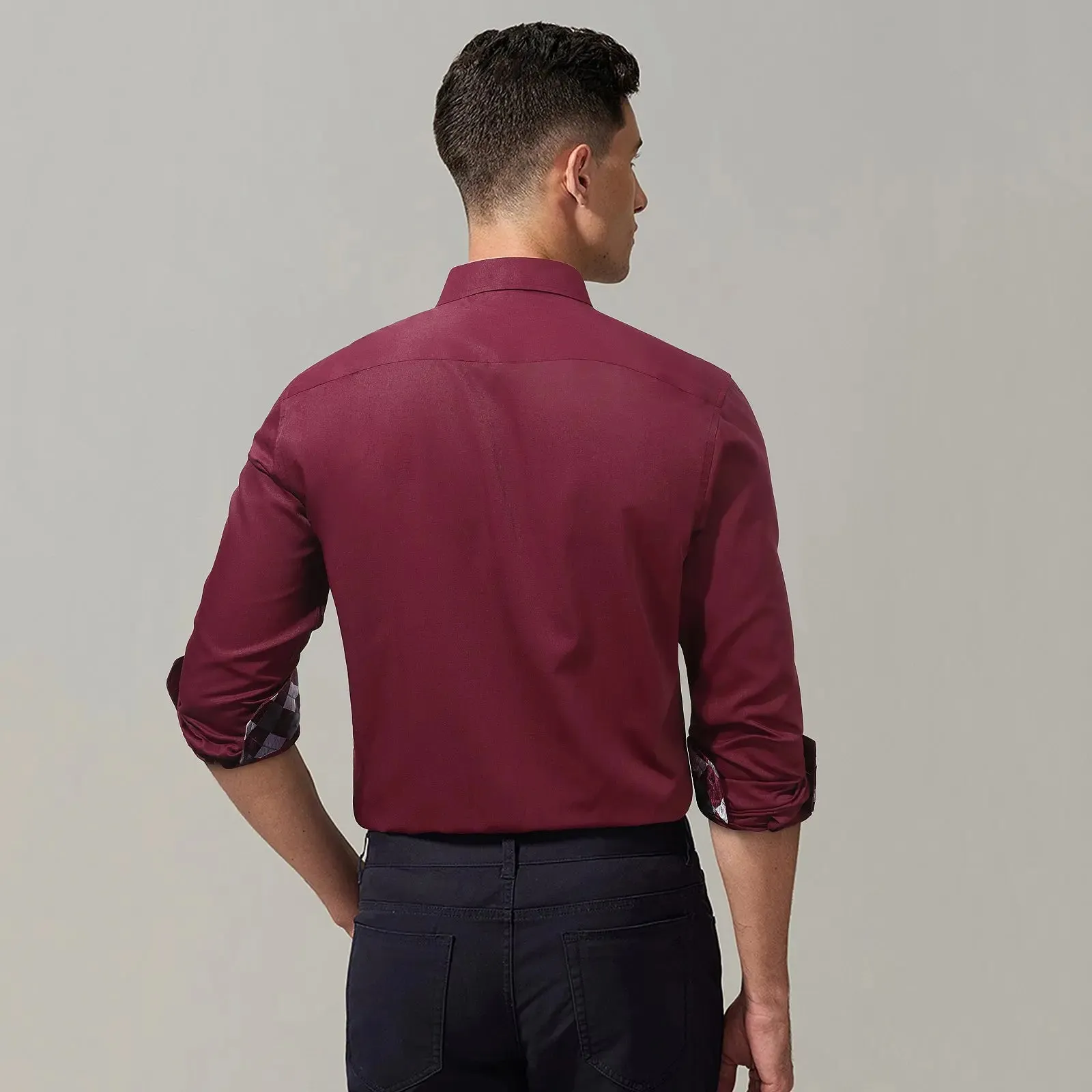 Men's Patchwork Dress Shirt with Pocket - BURGUNDY/WHITE
