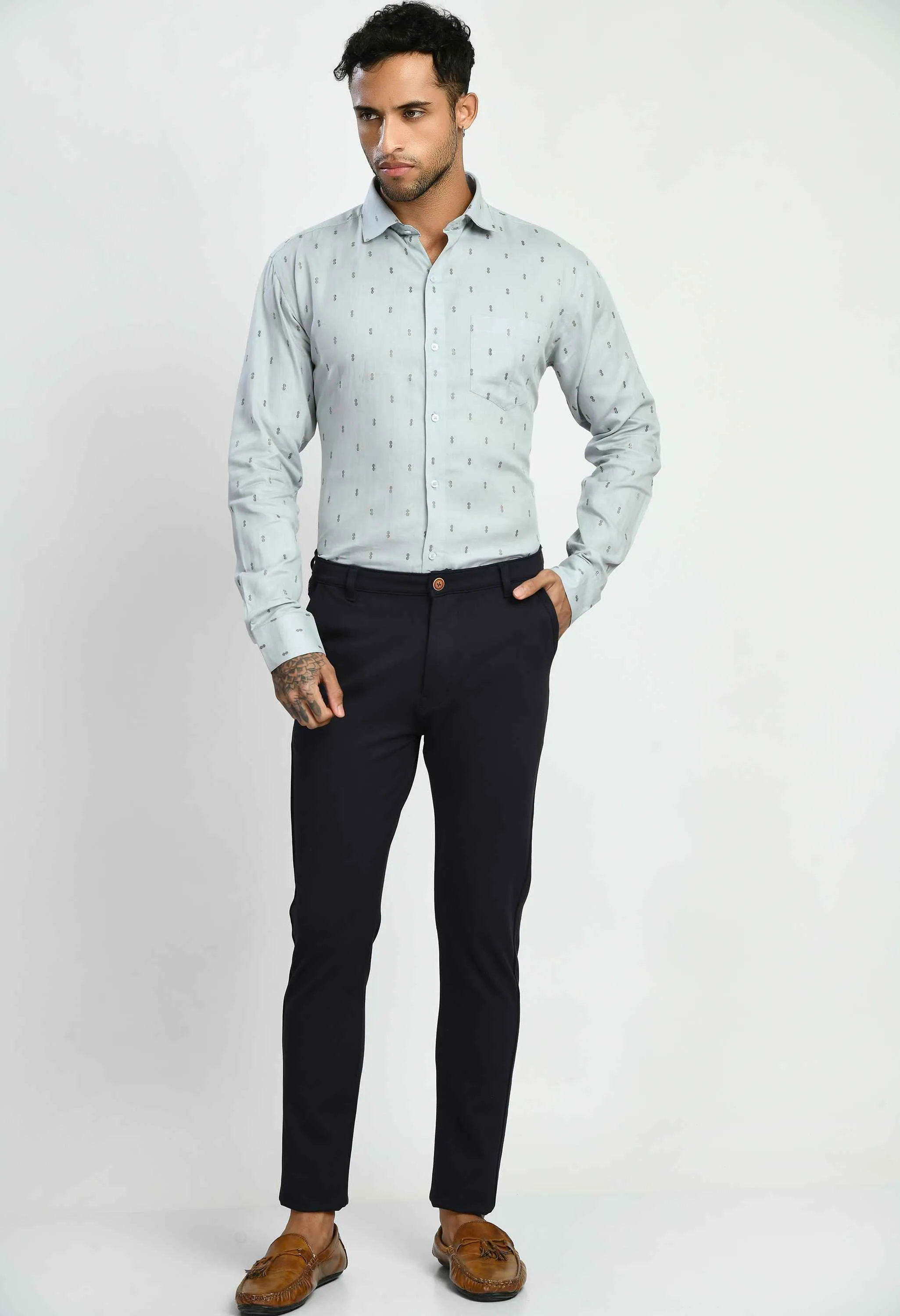 Men's Printed Grey Cotton Spread Collar Formal Shirt