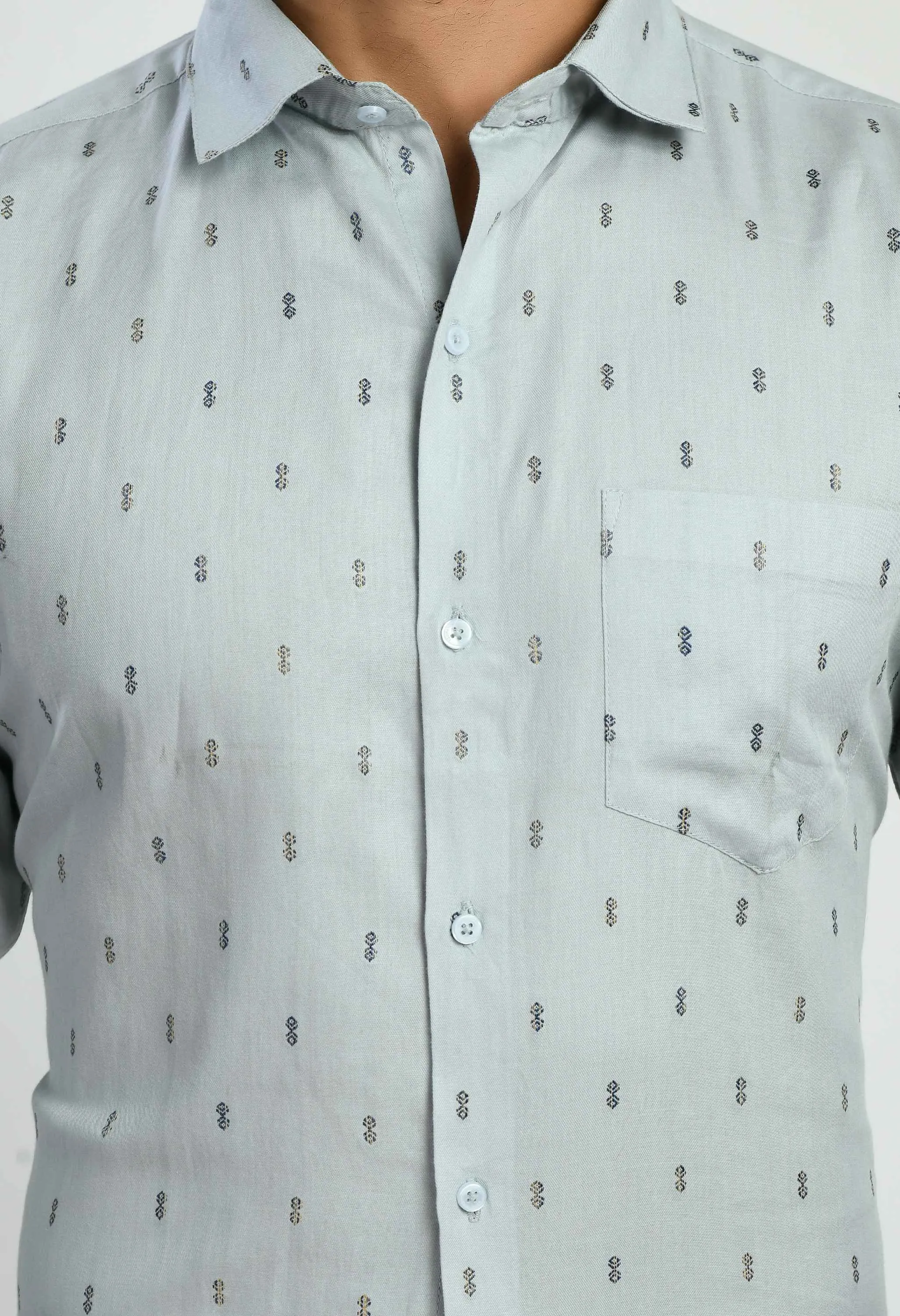 Men's Printed Grey Cotton Spread Collar Formal Shirt
