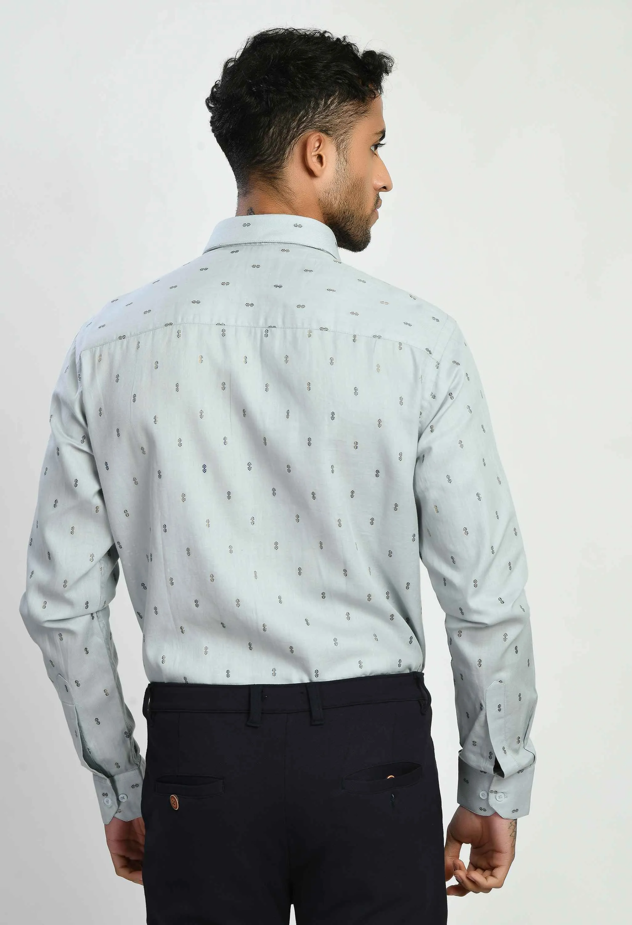 Men's Printed Grey Cotton Spread Collar Formal Shirt