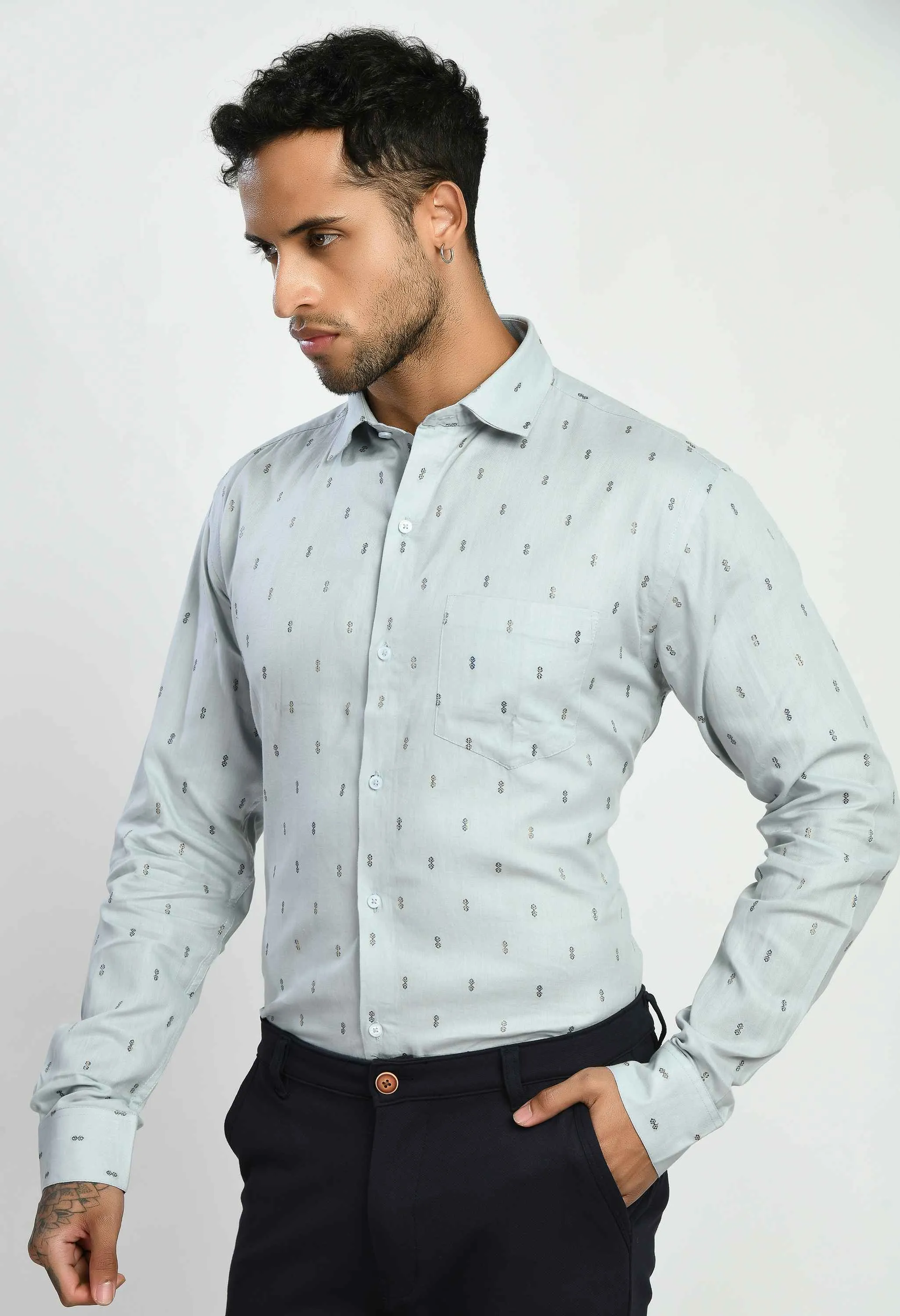 Men's Printed Grey Cotton Spread Collar Formal Shirt