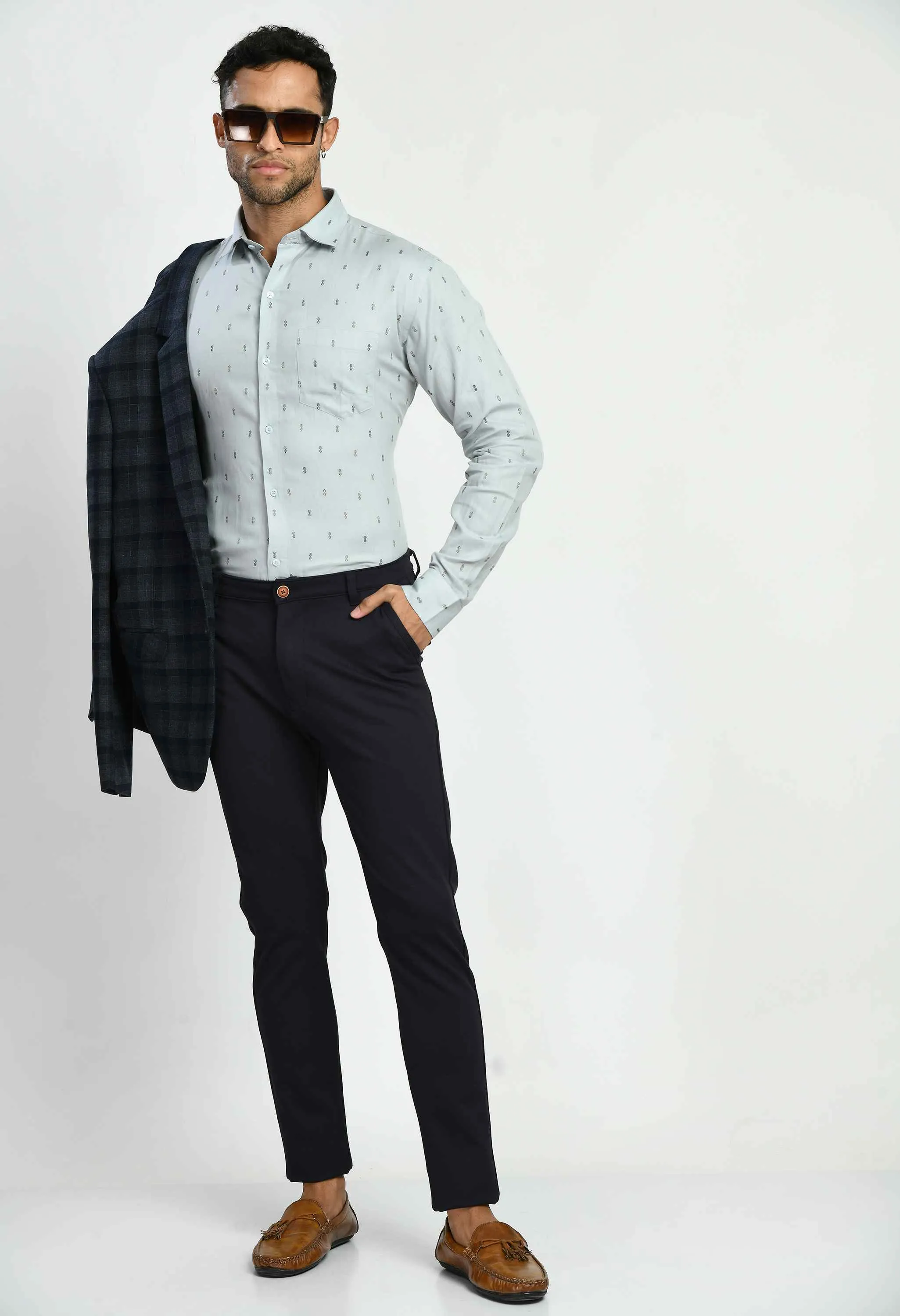 Men's Printed Grey Cotton Spread Collar Formal Shirt