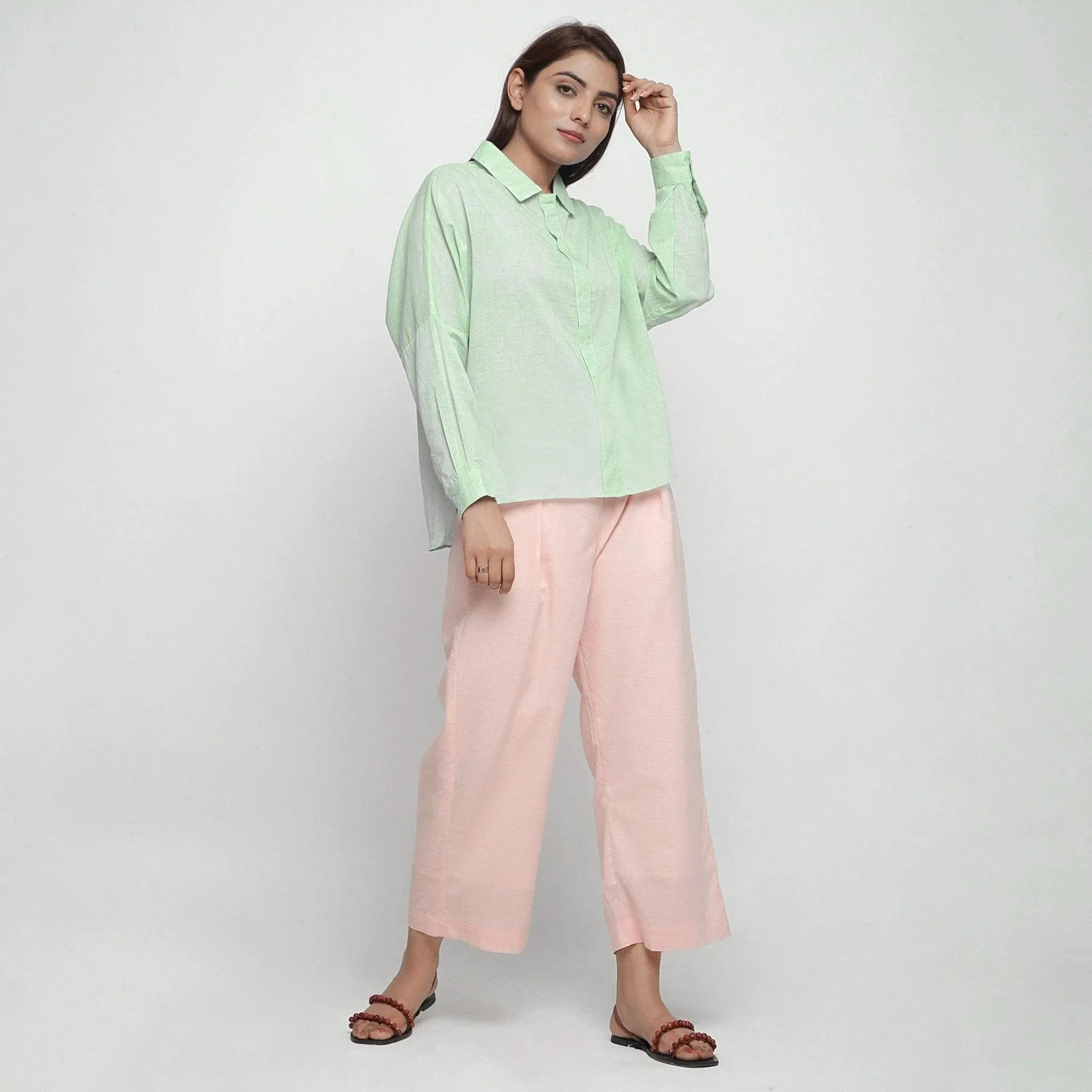 Mint Green Cotton Regular Collar High-Low Shirt