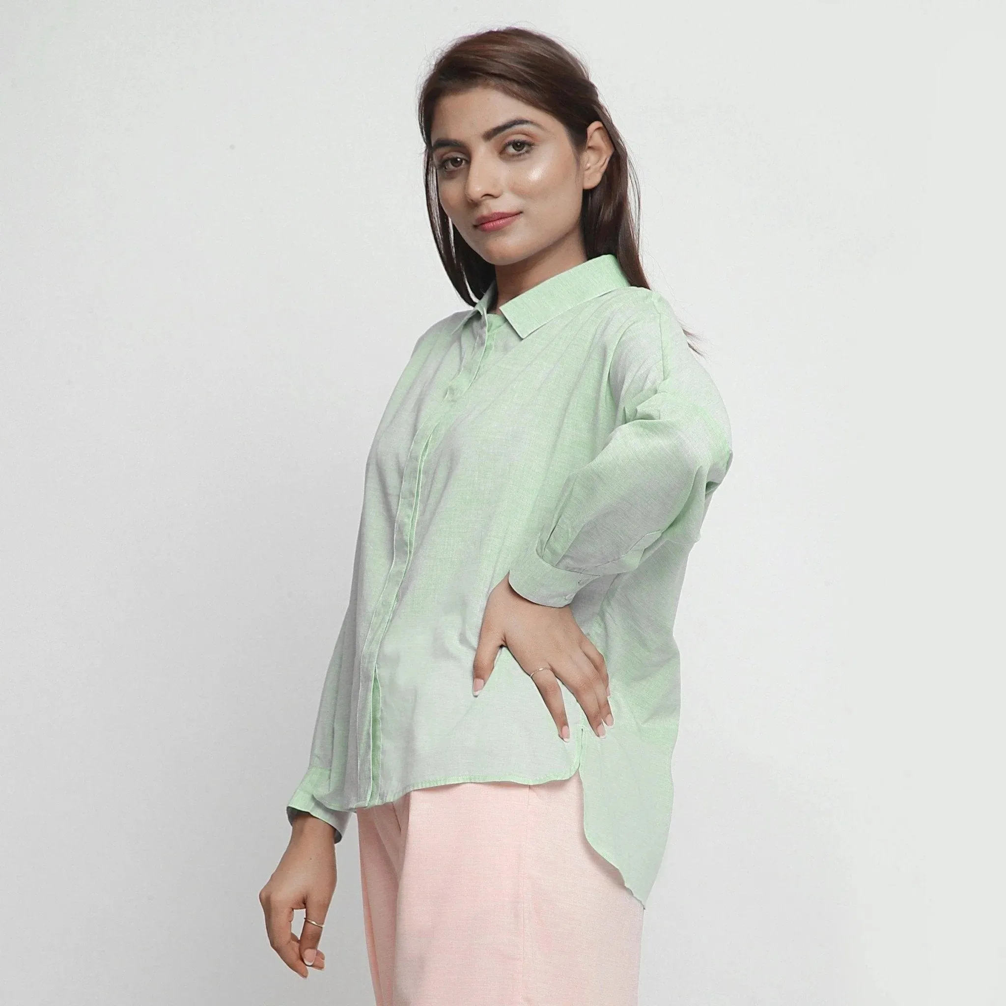Mint Green Cotton Regular Collar High-Low Shirt